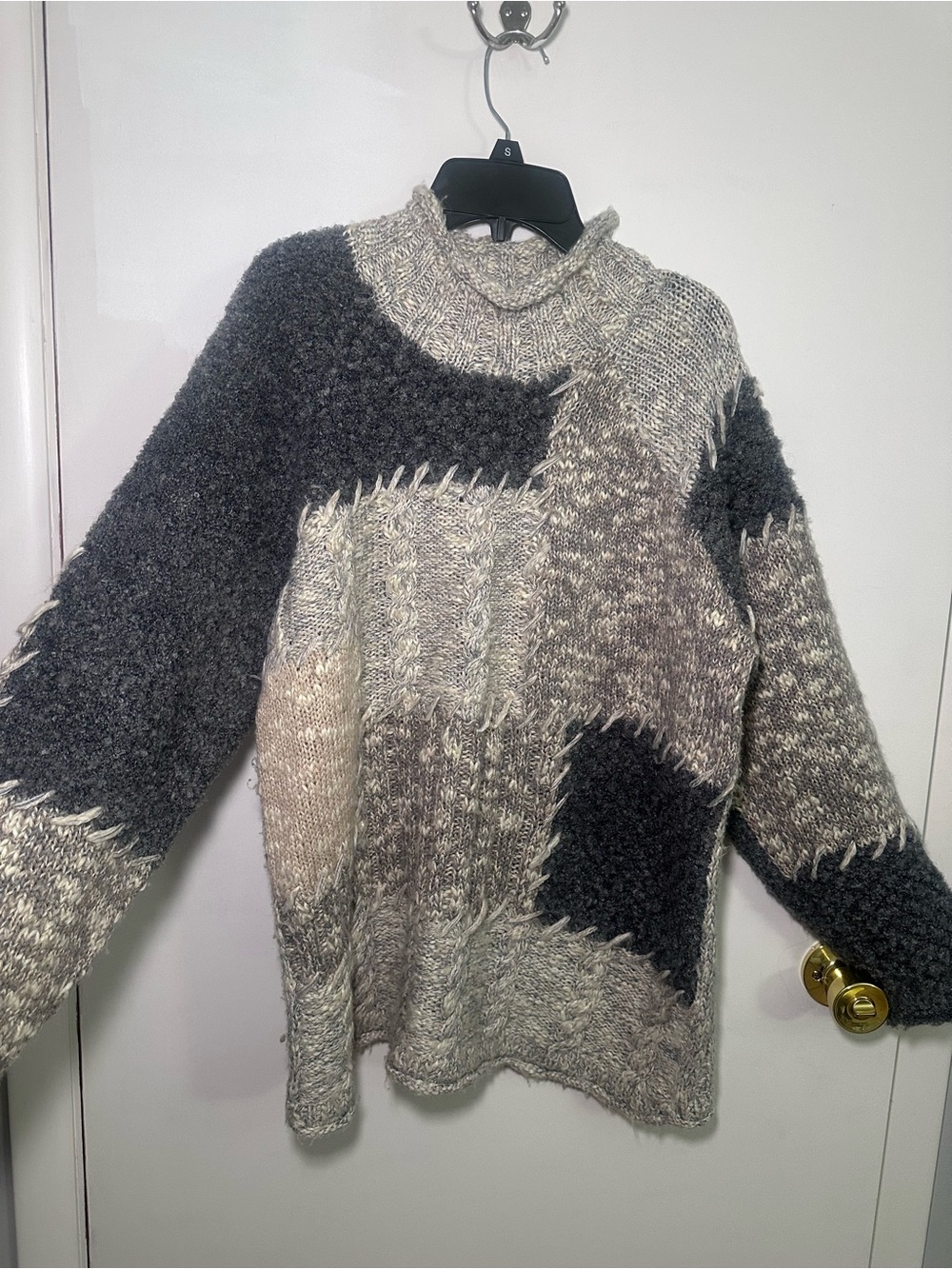 Vintage Patchwork Mixed Knit Mock Neck Oversized Sweater Gray Size Medium
